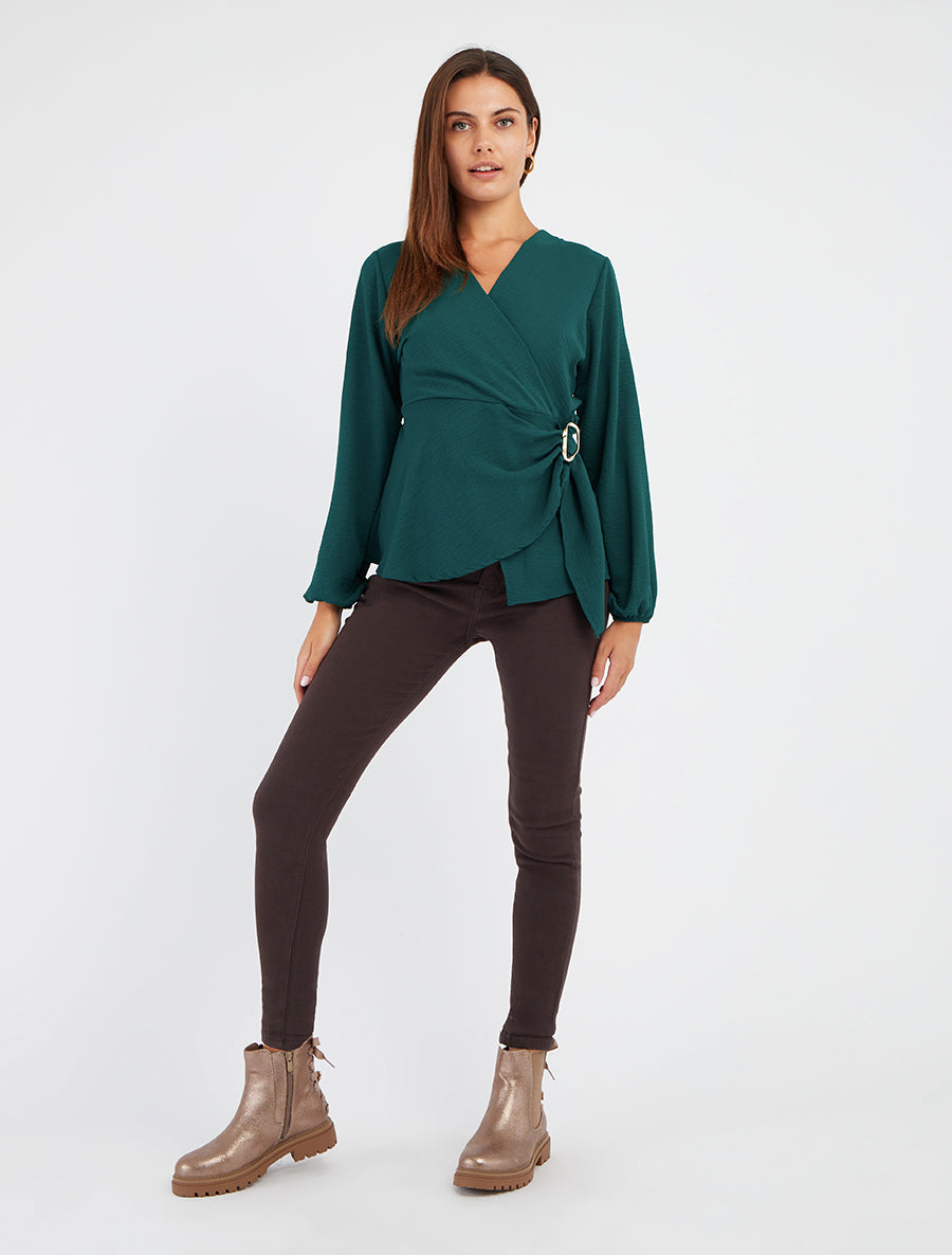Blouse unie style portefeuille à col cache-coeur - Vert sapin - 8