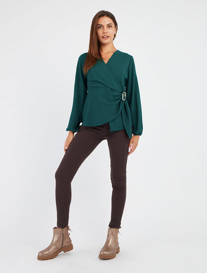 Blouse unie style portefeuille à col cache-coeur - Vert sapin - 8