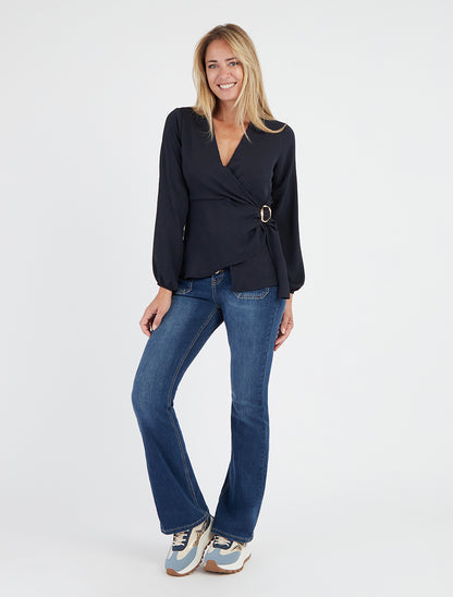 Blouse unie style portefeuille à col cache-coeur - Marine - 8