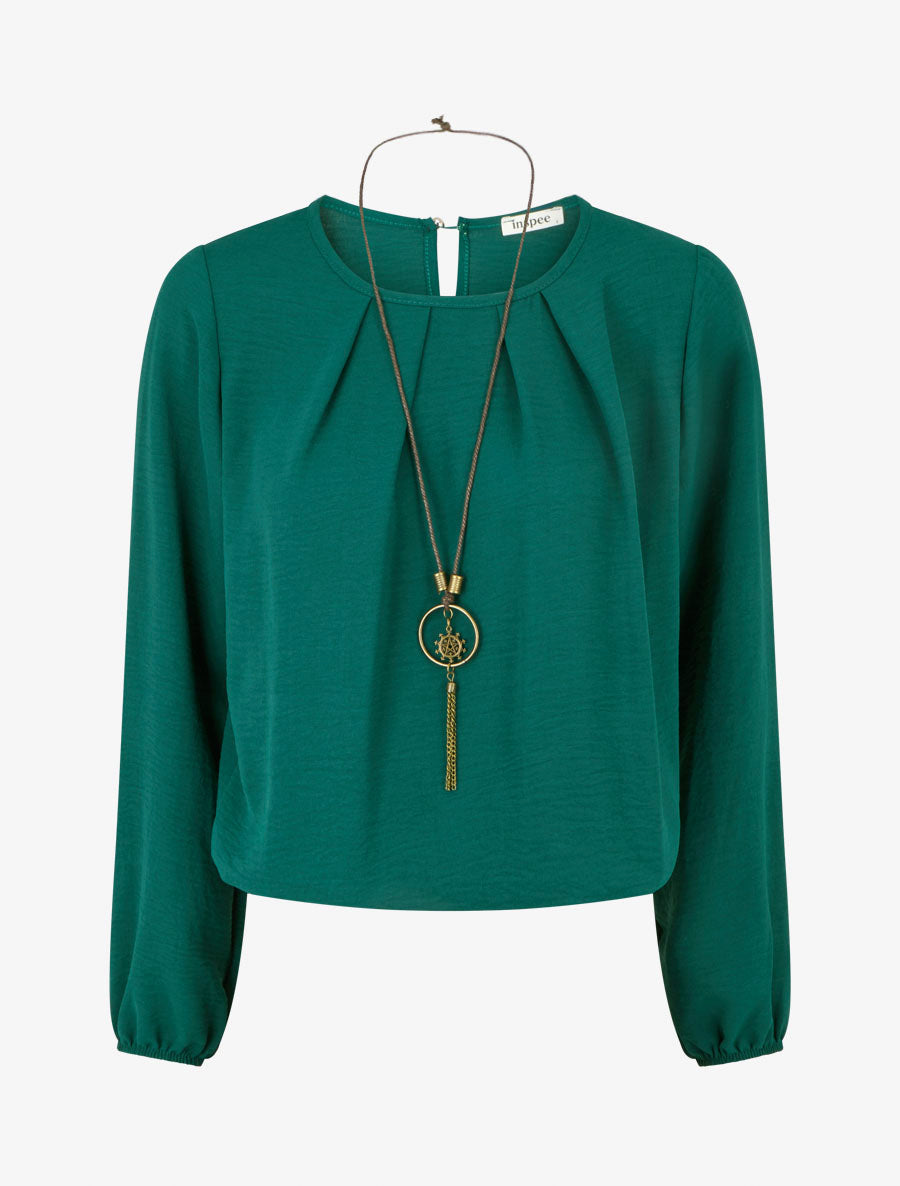 Blouse unie à bords élastiqués - Vert sapin - 1