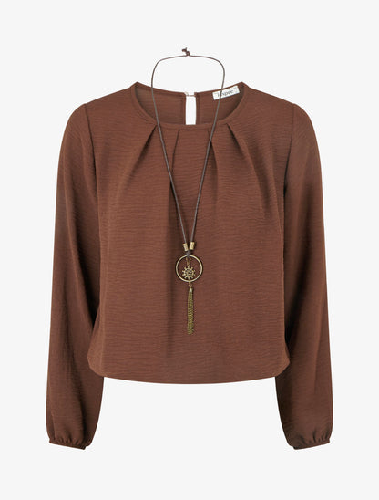 Blouse unie à bords élastiqués - Marron - 1