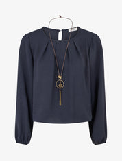 Blouse unie à bords élastiqués - Marine - 1