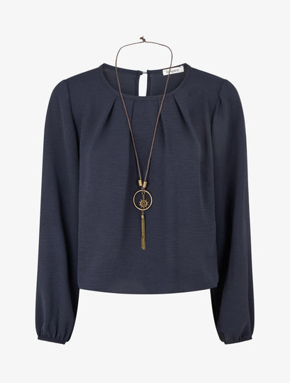 Blouse unie à bords élastiqués - Marine - 1