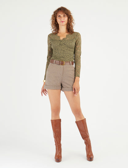 Top uni en dentelle - Kaki - 8