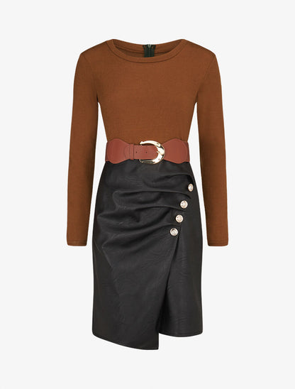 Robe bimatière jupe plissé à boutons - Camel - 1