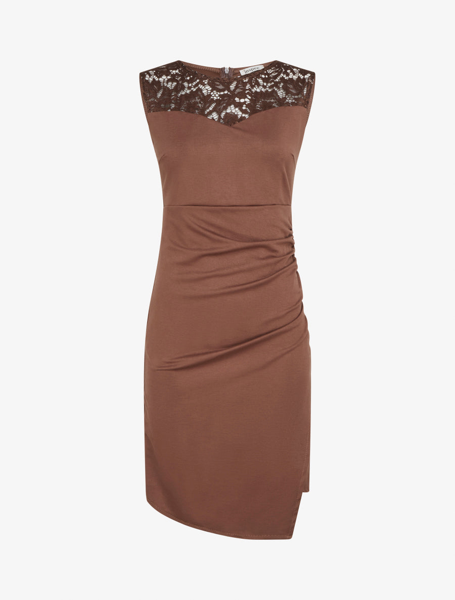 Robe sans manches à col en dentelle - Marron - 1
