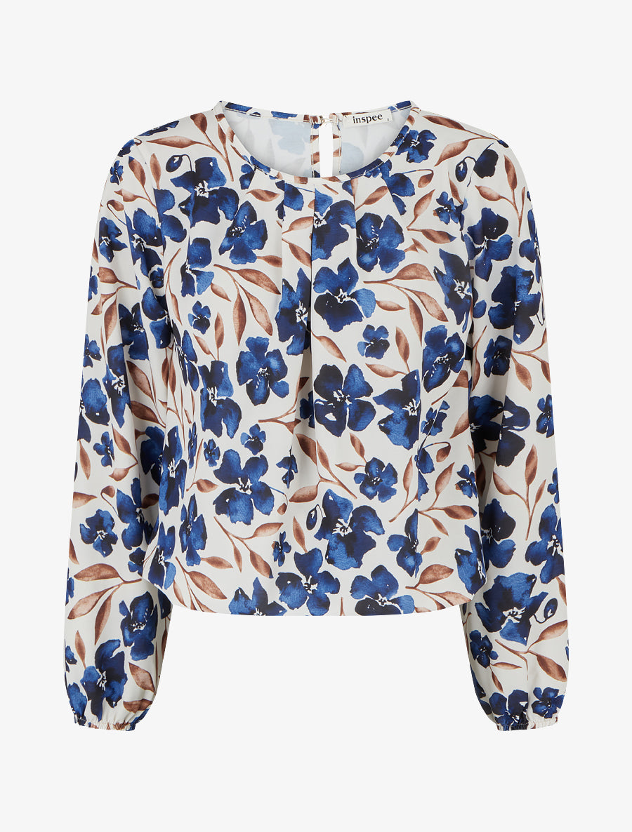 Top imprimé fleuri à manches longues - Marine - 1