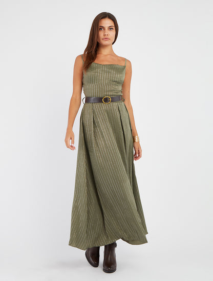 Vestido largo con rayas iridiscentes - Caqui