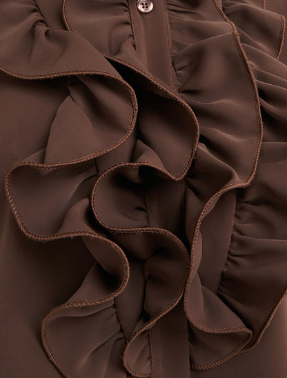 Blouse unie à col jabot - Marron - 3