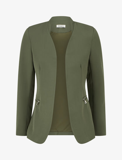 Veste unie à poches décoratives zippées - Kaki - 1