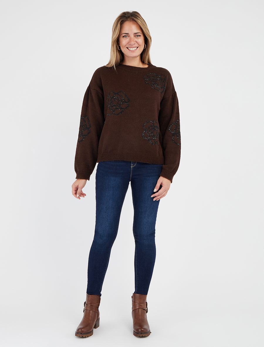 Suéter liso con estampado de flores - Marrón