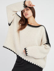 Suéter de punto liso con bandas contrastantes - Beis