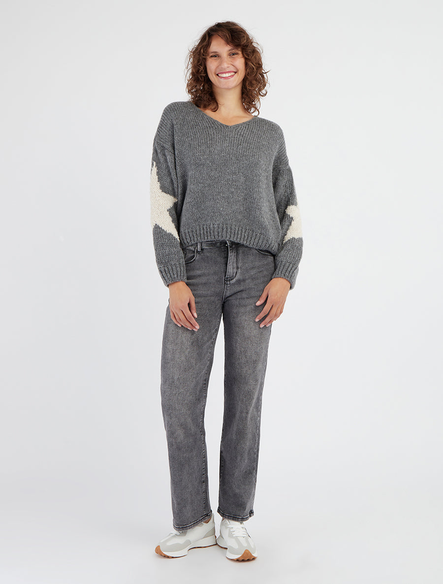 Suéter de punto liso con motivos de estrellas - Gris