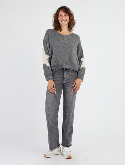 Suéter de punto liso con motivos de estrellas - Gris