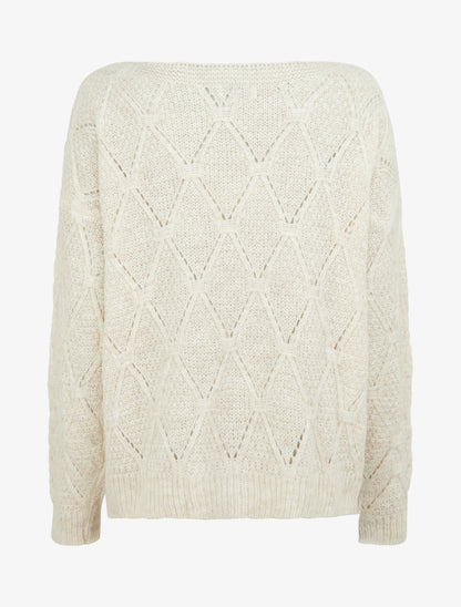Pull uni ajouré à col rond - Crème - 2