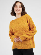 Jersey liso calado con cuello redondo. - Amarillo mostaza