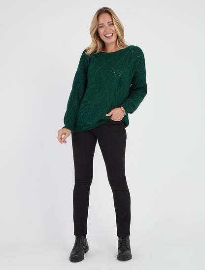 Pull uni ajouré à col rond - Vert sapin - 8