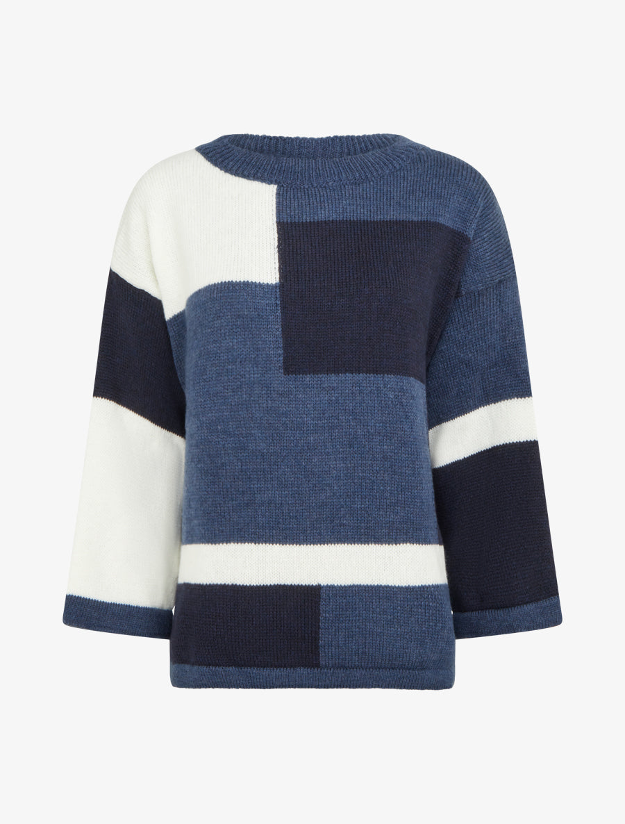 Pull color bloc en maille - Marine - 1