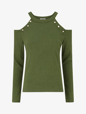 Pull côtelé à épaules dénudées - Kaki - 1