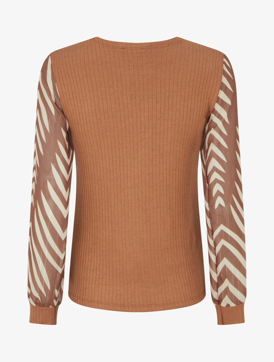 Pull côtélé à manches longues imprimé graphique - Camel - 2