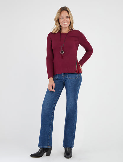 Jersey fino con cremalleras en los lados - Color vino