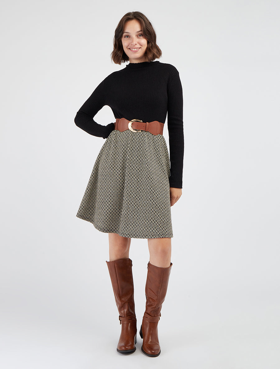 Vestido suéter con estampado de espiga iridiscente - Negro