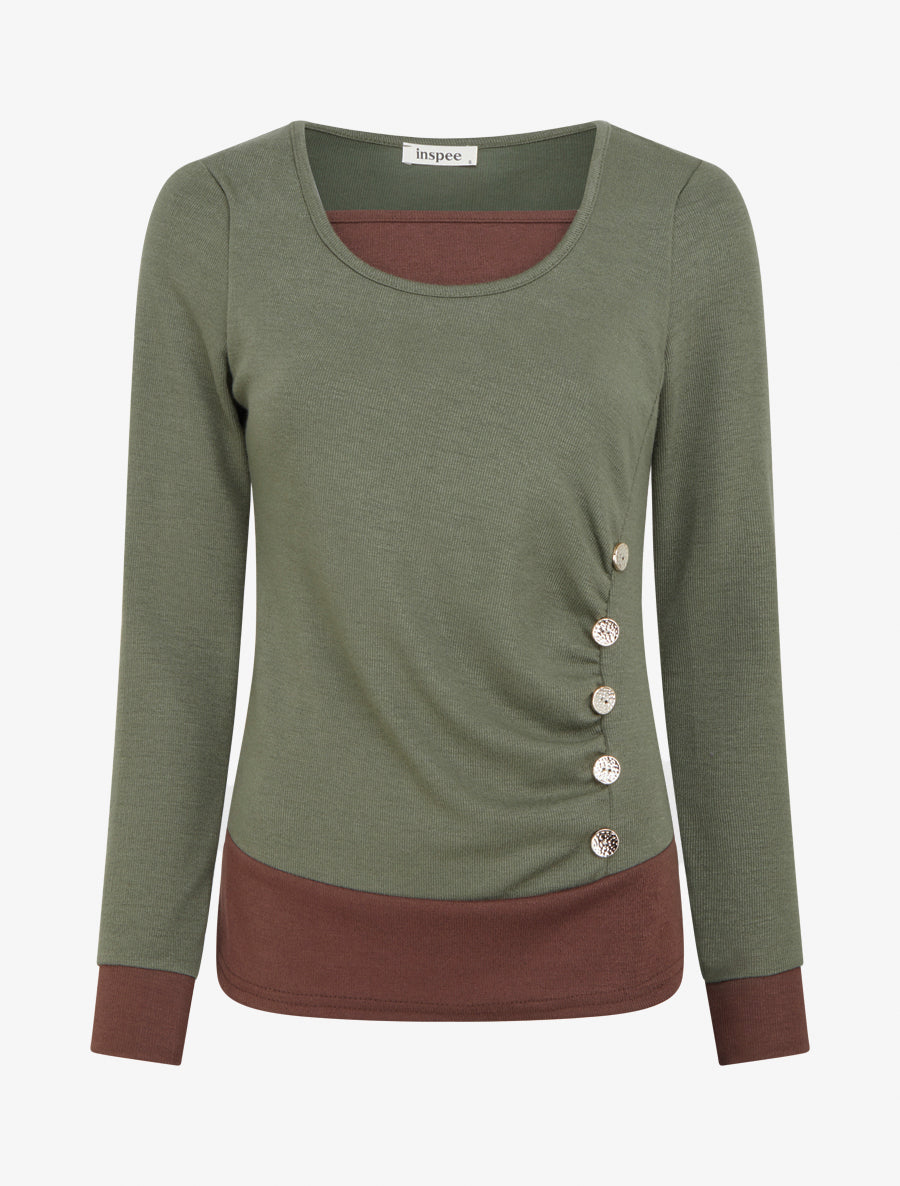 Pull bicolore à boutons décoratifs - Kaki - 1