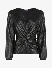 Blouse irisée élastiquée à manches longues - Noir - 1