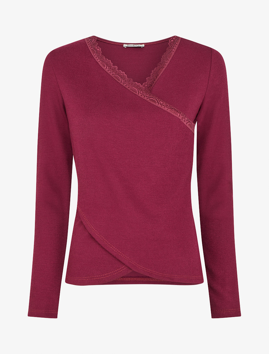 Pull fin côtelé à col cache-coeur - Bordeaux - 1