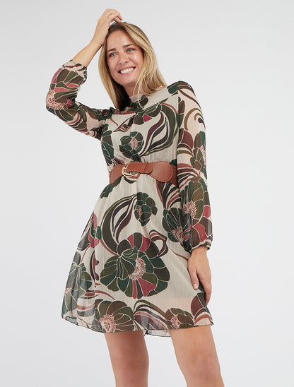 Vestido iridiscente con estampado floral - Caqui