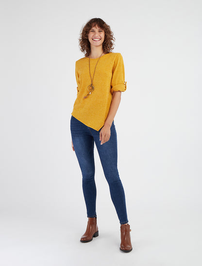 Jersey fino asimétrico con mangas largas remangables. - Amarillo mostaza