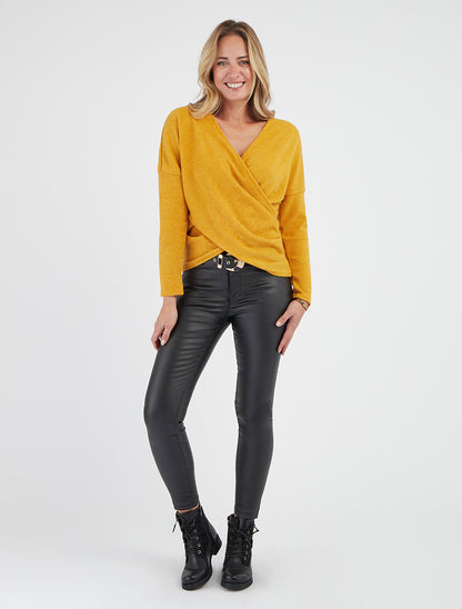 Jersey fino liso con cuello cruzado - Amarillo mostaza