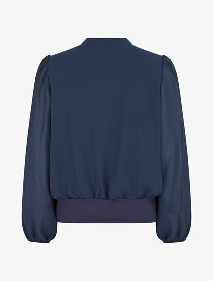 Blouse unie en voile à empiècement collier - Marine - 2