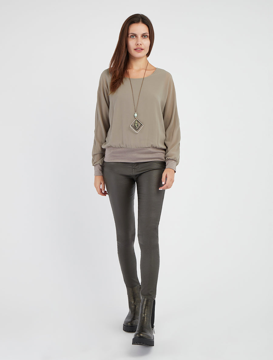 Blusa lisa de gasa con mangas largas - Gris