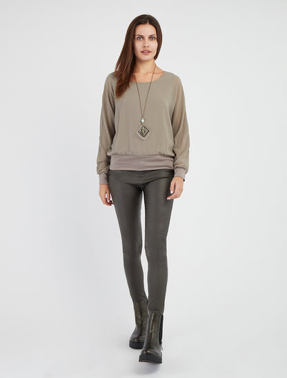 Blusa lisa de gasa con mangas largas - Gris