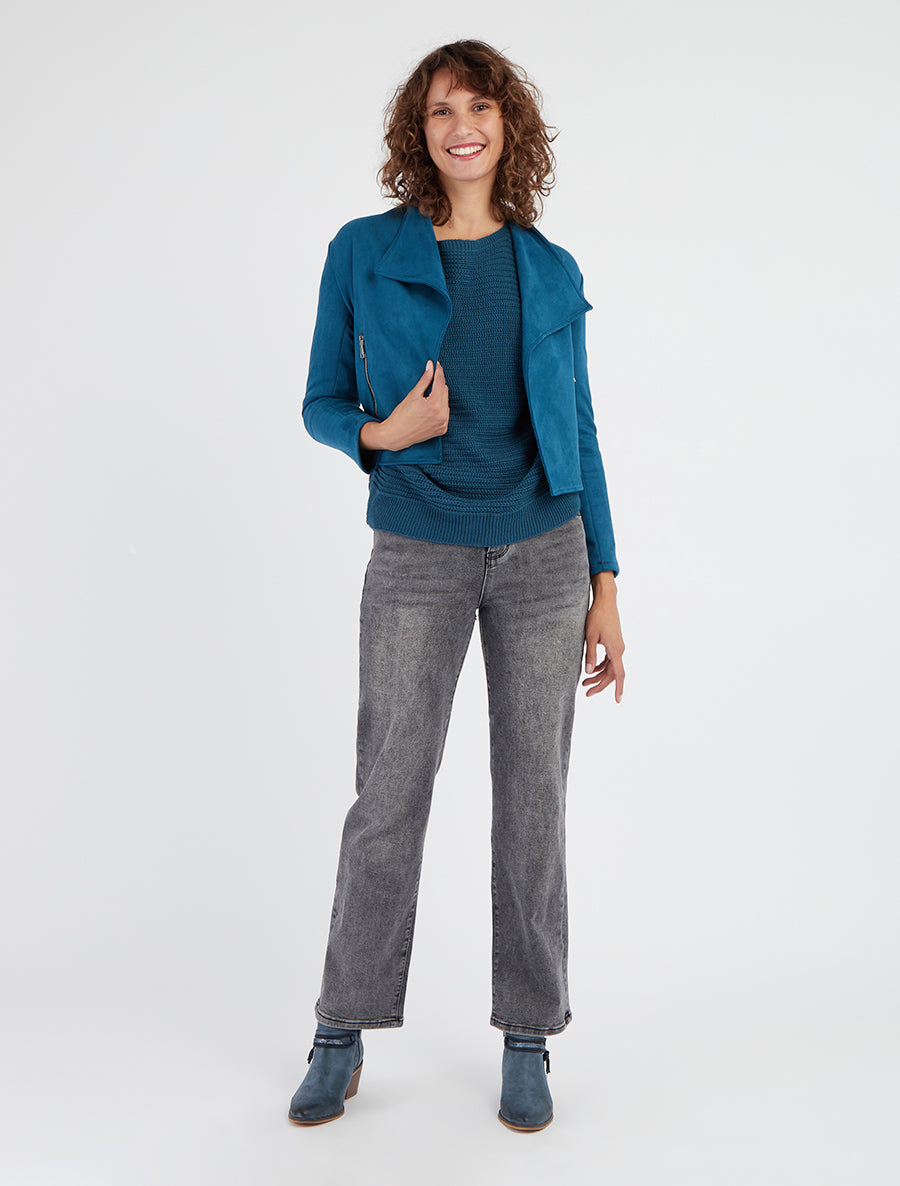 Chaqueta de ante con bolsillos decorativos con cremallera. - Azul pato