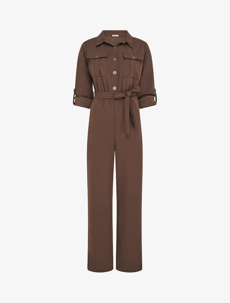 Combinaison unie à taille élastiquée - Marron - 1