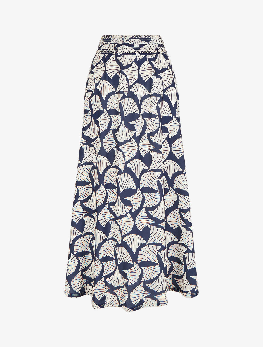 Jupe longue imprimé ginkgo à détail brodé - Marine - 1