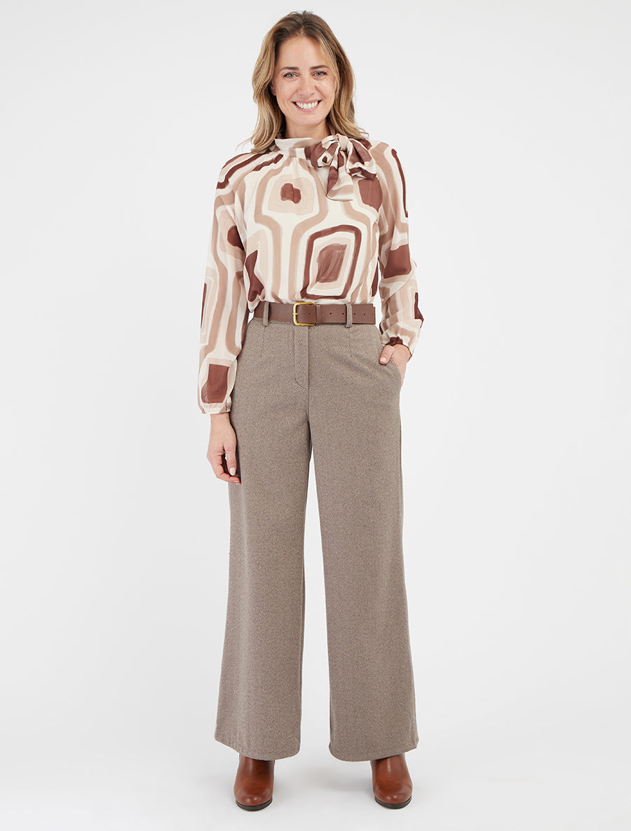 Blusa de gasa estampada retro para atar - Beis