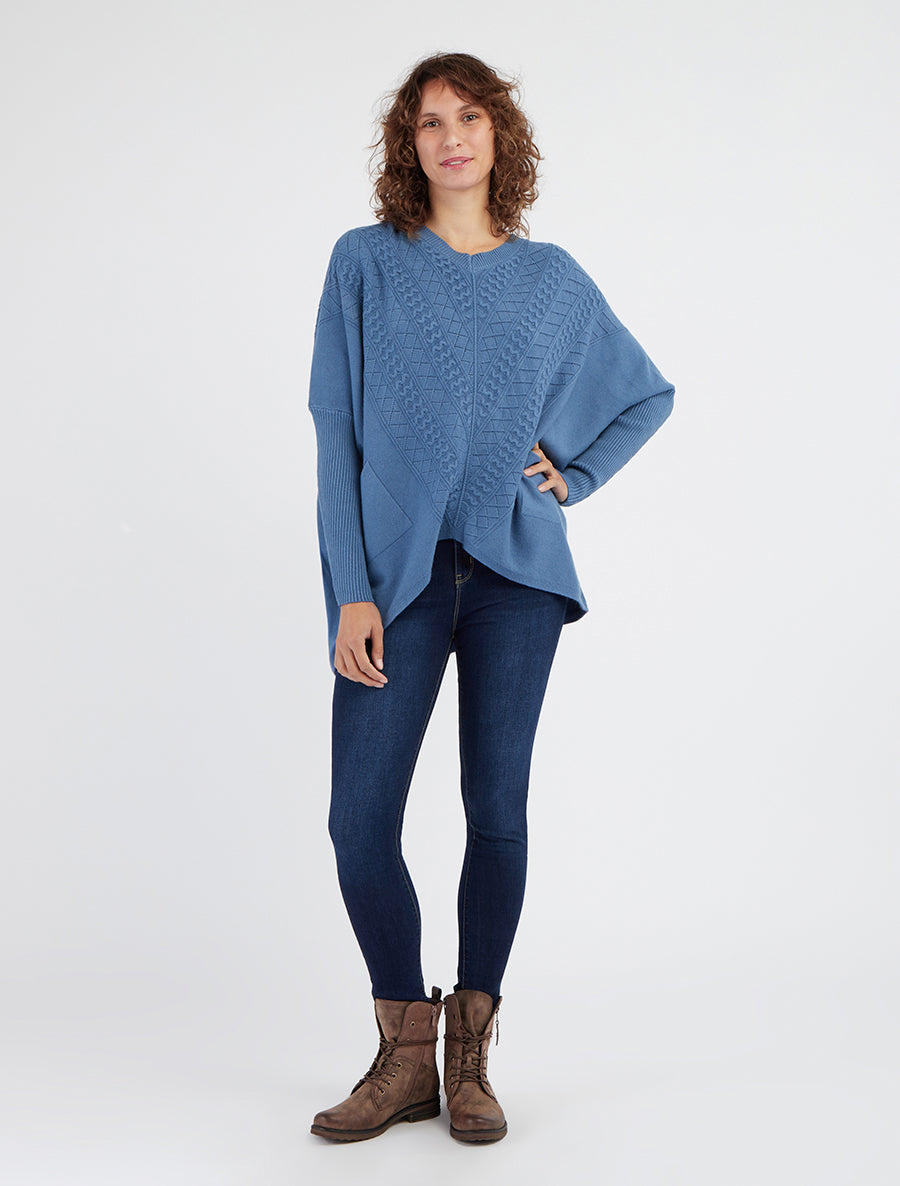Poncho asymétrique à manches longues et poches - Bleu - 8