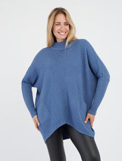 Poncho asimétrico con cuello alto - Azul