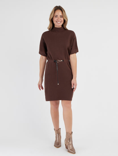 Vestido suéter recto de mangas cortas - Marrón