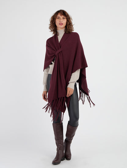 Poncho largo liso con flecos - Ciruela