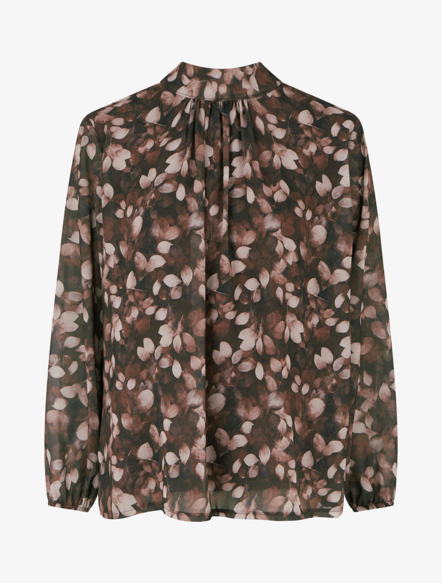 Blouse fluide imprimé feuilles à liens - Marron - 1