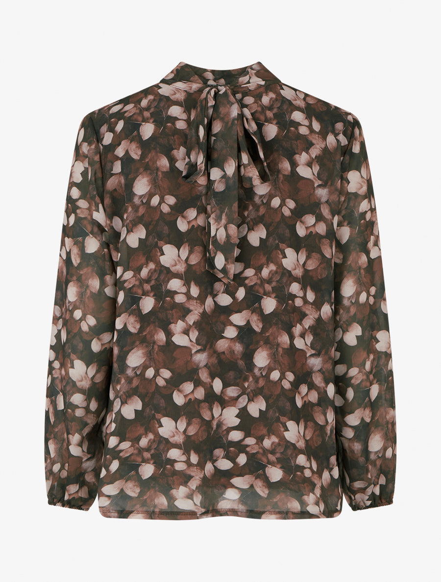 Blouse fluide imprimé feuilles à liens - Marron - 2