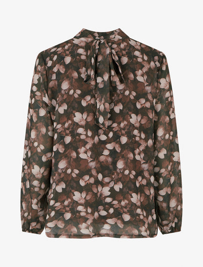 Blouse fluide imprimé feuilles à liens - Marron - 2