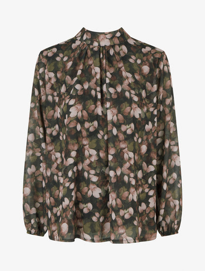 Blouse fluide imprimé feuilles à liens - Kaki - 1