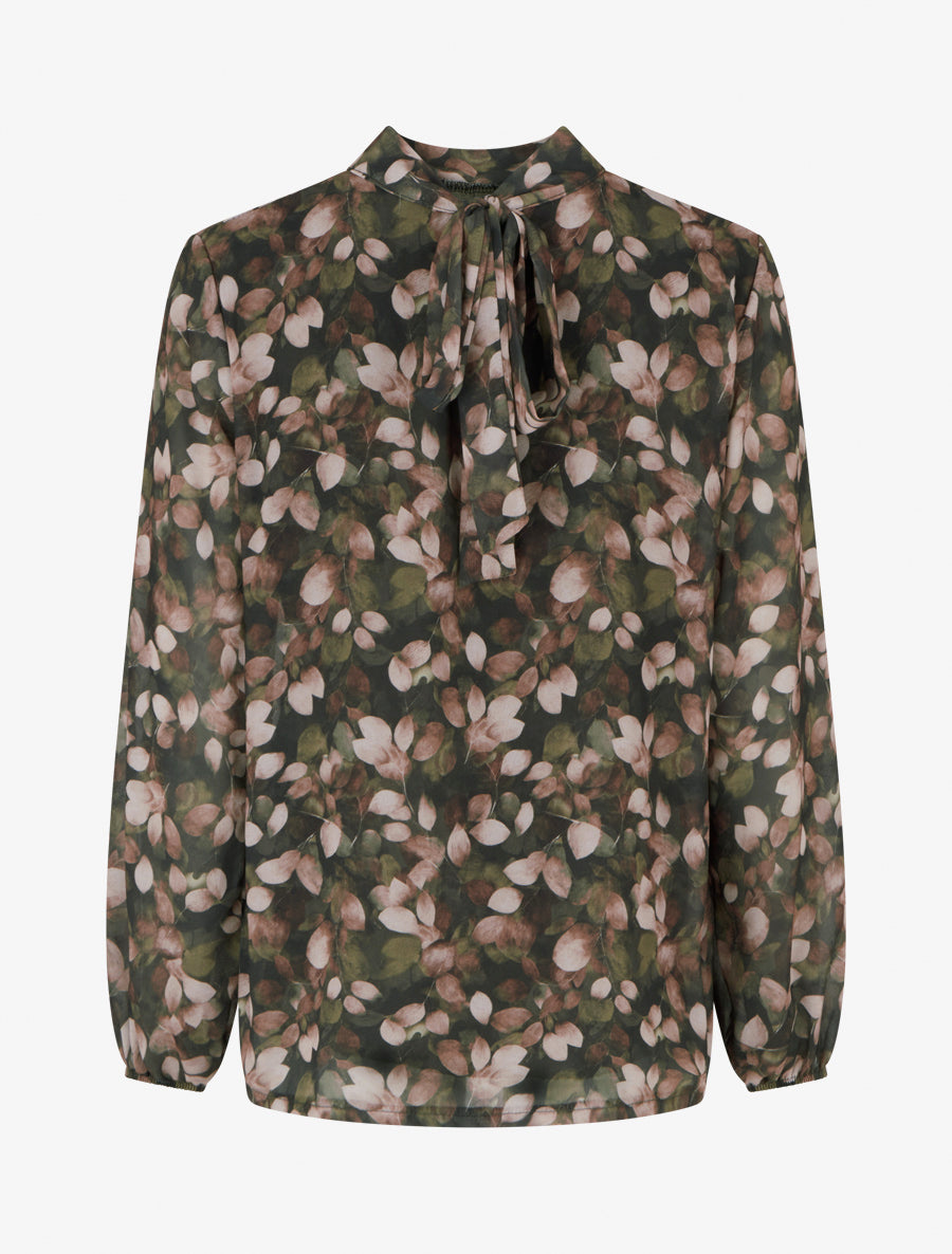 Blouse fluide imprimé feuilles à liens - Kaki - 2