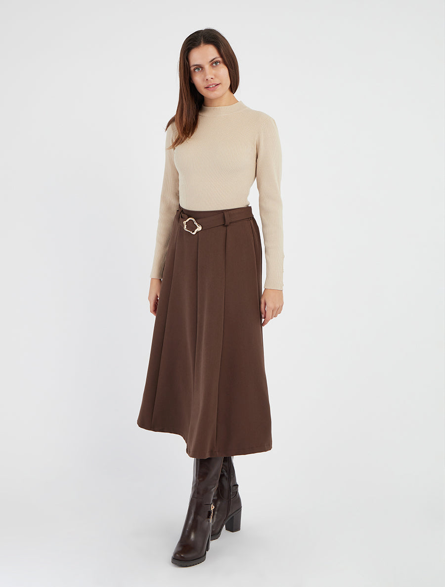 Jupe mi-longue unie à empiècement bijou - Marron - 8