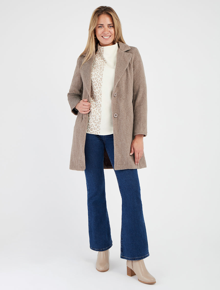 Abrigo de media longitud con cuello de muesca. - Topo